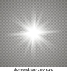 White glowing light explodes on a transparent background. with ray. Transparent shining sun, bright flash.Glow light effect. Star burst with sparkles.