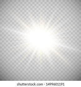 White glowing light explodes on a transparent background. Sparkling magical dust particles. Bright Star. Transparent shining sun, bright flash. Vector sparkles. To center a bright flash. Christmas