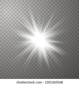 White glowing light explodes on a transparent background. with ray. Transparent shining sun, bright flash.Glow light effect. Star burst with sparkles.