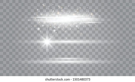 White glowing light explodes on a transparent background.Laser beams, horizontal light rays.Transparent Lens Flare. Futuristic Vibrant Glow for Game Design, Banner, Frame, Button