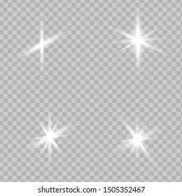 White glowing light explodes on a transparent background. Sparkling magical dust particles. Bright Star. Transparent shining sun, bright flash. Vector sparkles. To center a bright flash.