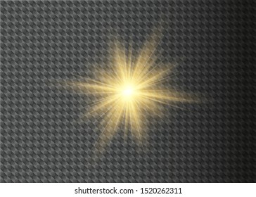 White glowing light explodes on a transparent background. Sparkling magical dust particles. Bright Star. Transparent shining sun, bright flash. Vector sparkles. To center a bright flash.