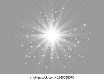 White glowing light explodes on a transparent background. Sparkling magical dust particles. Bright Star. Transparent shining sun, bright flash. Vector sparkles. To center a bright flash.