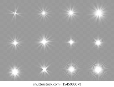 White glowing light explodes on a transparent background. Sparkling magical dust particles. Bright Star. Transparent shining sun, bright flash. Vector sparkles. To center a bright flash.