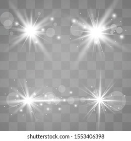 White glowing light explodes on a transparent background. Sparkling magical dust particles. Bright Star. Transparent shining sun, bright flash.