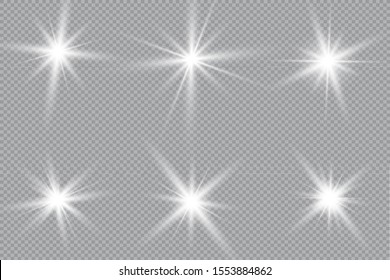 White glowing light explodes on a transparent background. Sparkling magical dust particles. Bright Star. Transparent shining sun, bright flash.