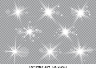 White glowing light explodes on a transparent background. Sparkling magical dust particles. Bright Star. Transparent shining sun, bright flash.