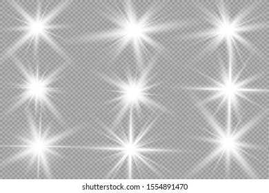White glowing light explodes on a transparent background. Sparkling magical dust particles. Bright Star. Transparent shining sun, bright flash.