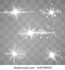 White glowing light explodes on a transparent background. Sparkling magical dust particles. Bright Star. Transparent shining sun, bright flash.