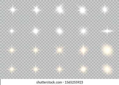 White glowing light explodes on a transparent background. Sparkling magical dust particles. Bright Star. Transparent shining sun, bright flash. Vector sparkles. To center a bright flash.