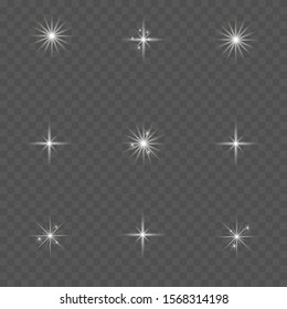 White glowing light explodes on a transparent background. Sparkling magical dust particles. Bright Star. Transparent shining sun, bright flash. Vector sparkles. To center a bright flash.