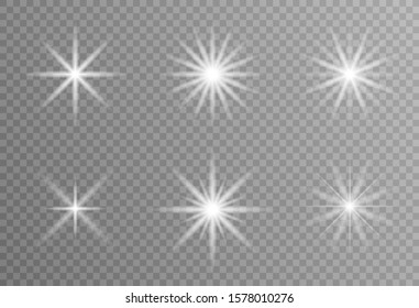 La luz blanca brillante estalla sobre un fondo transparente. Partículas de polvo esparcido. Estrella brillante. Sol claro y brillante. El vector brilla. Para centrar un flash brillante