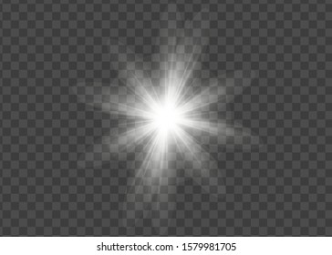 White glowing light explodes on a transparent background. Sparkling magical dust particles. Bright Star. Transparent shining sun, bright flash. Vector sparkles.