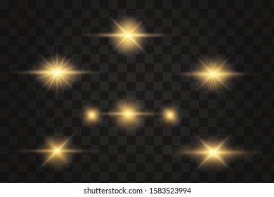 White glowing light explodes on a transparent background. Sparkling magical dust particles. Bright Star. Transparent shining sun, bright flash. Vector sparkles. To center a bright flash.