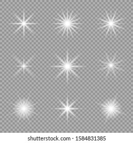 White glowing light explodes on a transparent background. Sparkling dust particles. Bright Star. Transparent shining sun, bright flash. Vector sparkles. To center a bright flash