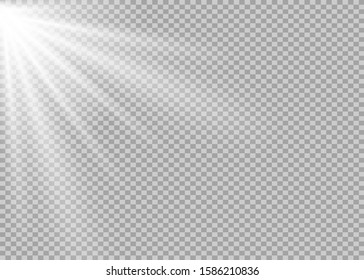 White glowing light explodes on a transparent background. Sparkling magical dust particles. Bright Star. Transparent shining sun, bright flash. Vector sparkles. To center a bright flash.