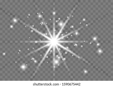 White glowing light explodes on a transparent background. Sparkling magical dust particles. Bright Star. Transparent shining sun, bright flash. Vector sparkles.