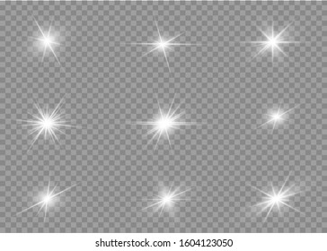 White glowing light explodes on a transparent background. Sparkling magical dust particles. Bright Star. Transparent shining sun, bright flash. Vector sparkles.