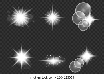 White glowing light explodes on a transparent background. Sparkling magical dust particles. Bright Star. Transparent shining sun, bright flash. Vector sparkles.