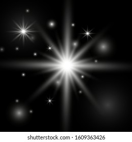 White glowing light explodes on a black background. Sparkling magical dust particles. Bright Star. Transparent shining sun, bright flash. Vector sparkles.
