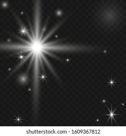 White glowing light explodes on a transparent background. Sparkling magic dust particles. Bright Star. Transparent shining sun, bright flash. Vector sparkles.