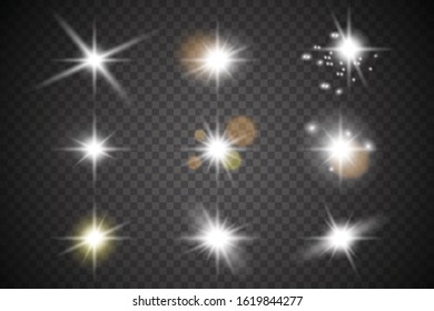 White glowing light explodes on a transparent background. Sparkling magical dust particles. Bright Star. Transparent shining sun, bright flash. Vector sparkles. To center a bright flash.