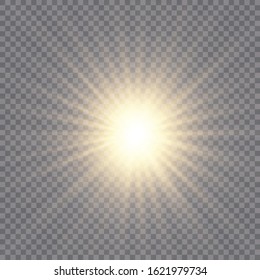 White glowing light explodes on a transparent background. Sparkling magical dust particles. Set of Bright Star. Transparent shining sun, bright flash Vector sparkles To center a bright flash Christmas