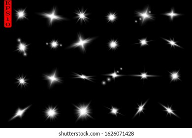 White glowing light explodes on a transparent background. Sparkling magical dust particles. Bright Star. Transparent shining sun, bright flash. Vector sparkles. To center a bright flash