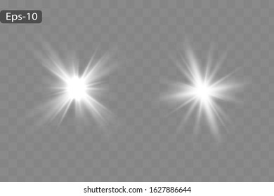 White glowing light explodes on a transparent background. Sparkling magical dust particles. Bright Star. Transparent shining sun, bright flash. Vector sparkles. To center a bright flash