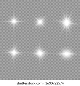 White glowing light explodes on a transparent background. Sparkling magical dust particles. Bright Star. Transparent shining sun, bright flash. Vector sparkles.