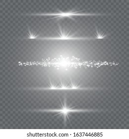 White glowing light explodes on a blue background. Sparkling magical dust particles. Bright Star. Transparent shining sun, bright flash. Vector sparkles. To center a bright flash