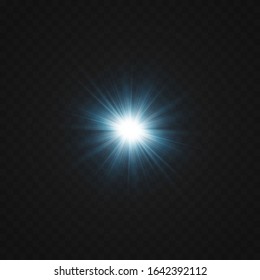 White glowing light explodes on a transparent background. Sparkling magical dust particles. Bright Star. Transparent shining sun, bright flash. Vector sparkles. To center a bright flash.