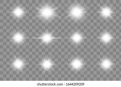 White glowing light explodes on a transparent background. Sparkling magical dust particles. Bright Star. Transparent shining sun, bright flash. Vector sparkles.