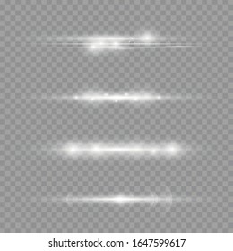 White glowing light explodes on a transparent background. Laser beams, horizontal light rays. Sun rays. Beautiful light flares. Vector illustration, EPS 10.