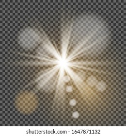 White glowing light explodes on a transparent background. Sparkling magical dust particles. Bright Star. Transparent shining sun, bright flash. Vector sparkles.