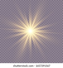 La luz blanca brillante estalla sobre un fondo transparente. Partículas mágicas de polvo espumoso. Estrella brillante.  Sol claro y brillante. El vector brilla. Centrar un flash brillante. Navidad
