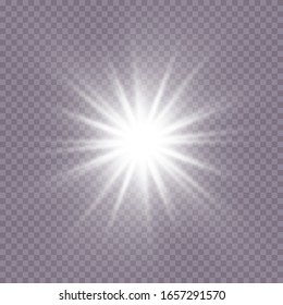 White glowing light explodes on a transparent background. Sparkling magical dust particles. Bright Star. Transparent shining sun, bright flash. Vector sparkles. To center a bright flash. Christmas