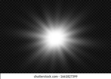 White glowing light explodes on a transparent background. with ray. Transparent shining sun, bright flash. Special lens flare light effect