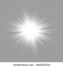 White glowing light explodes on a transparent background. with ray.  Transparent shining sun, bright flash.  Special lens flare light effect.