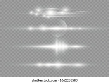 White glowing light explodes on a transparent background. Laser beams, horizontal light rays. Sun rays. Beautiful light flares. Vector illustration, EPS 10.