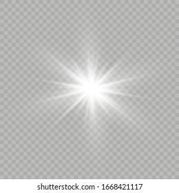 La luz blanca brillante estalla sobre un fondo transparente. Partículas mágicas de polvo espumoso. Estrella brillante. Sol claro y brillante. El vector brilla.