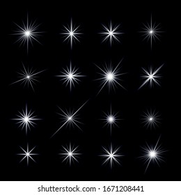 White glowing light explodes on a transparent background. Vector Glowing Stars. Lens Flares and Sparkles Template For Your Design