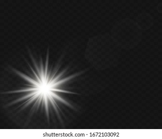 White glowing light explodes on a transparent background. with ray. Transparent shining sun, bright flash. Special lens flare light effect.