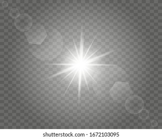 White glowing light explodes on a transparent background. with ray. Transparent shining sun, bright flash. Special lens flare light effect.