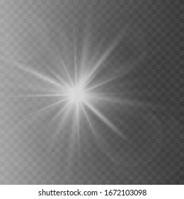 White glowing light explodes on a transparent background. with ray. Transparent shining sun, bright flash. Special lens flare light effect.