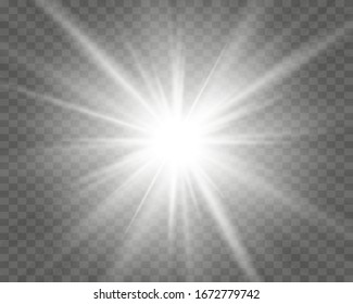 White glowing light explodes on a transparent background. with ray. Transparent shining sun, bright flash. Special lens flare light effect