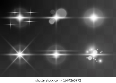 White glowing light explodes on a transparent background. Sparkling magical dust particles. Bright Star. Transparent shining sun, bright flash. Vector sparkles. To center a bright flash. Christmas