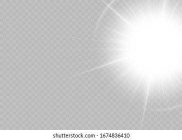 White glowing light explodes on a transparent background. Sparkling magical dust particles. Bright Star. Transparent shining sun, bright flash. Vector sparkles.