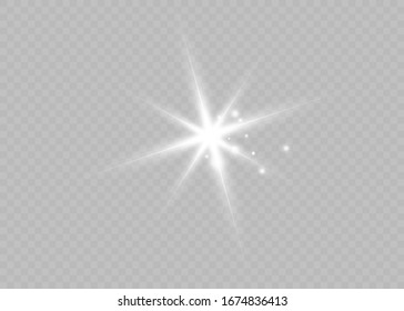 White glowing light explodes on a transparent background. Sparkling magical dust particles. Bright Star. Transparent shining sun, bright flash. Vector sparkles.