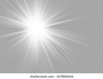 White glowing light explodes on a transparent background. Sparkling magical dust particles. Bright Star. Transparent shining sun, bright flash. Vector sparkles.